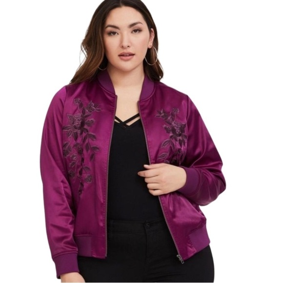TORRID Sz  3 Embroidered Satin Finish Oversized Ribbed Hem & Cuffs Bomber Jacket - Picture 2 of 15